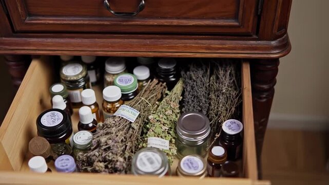 Open antique drawer displaying dried herbs, tinctures and oils in jars and bottles for natural remedies or apothecary setup