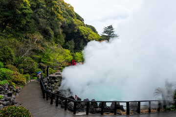 Hells of Beppu named Umi Jigoku or sea hell, Japanese hot spring spots in Oita, displaying steaming...