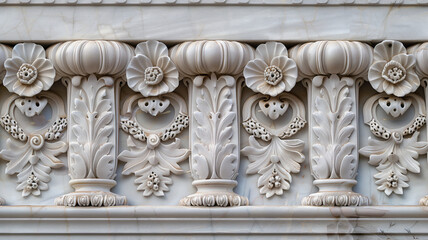 Close-up of a Corinthian order, Corinthian capital  medieval architectural column arch designs. Ornate architectural frieze with floral and foliate carvings, reminiscent of classical Roman design. 
