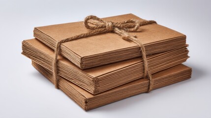 Stunning photo of neatly stacked brown cardboard sheets tied with rope on white background.