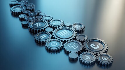 Interconnected Gears with Icons Representing Technology and Processes