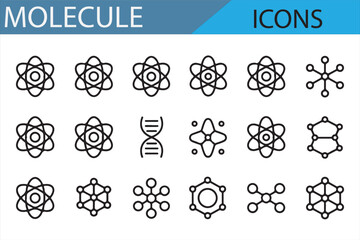 A collection of chemistry and biology icons featuring molecules, atoms, and chemical bonds