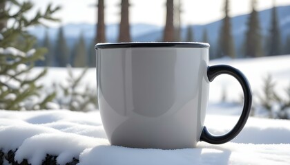 A white mug of coffee sits in the snow, creating a warm and inviting winter scene.