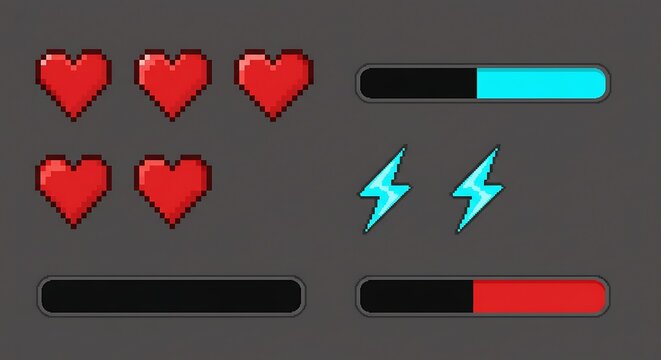 Pixel Art Game Interface with Hearts, Lightning, and Energy Bars