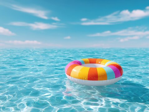 Stunning photo of colorful inflatable pool ball floating in turquoise water, tropical resort background. Travel and Summer Holiday Banner with copy space for text or logo.