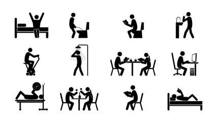 Set of stick figures,daily routine by actions, flat vector illustration.