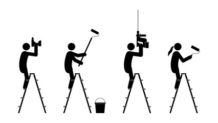 Set of stick figures, construction and repair. Work on the stairs, flat vector illustration.