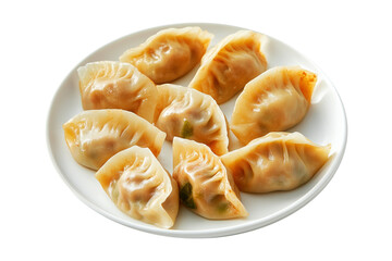 Steamed mandu dumplings placed in circular pattern on ceramic plate, isolated on white transparent background, concept of Asian cuisine