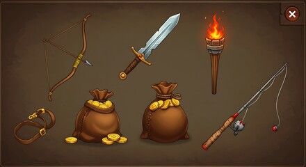 Fantasy Adventure Items Set Against a Neutral Background