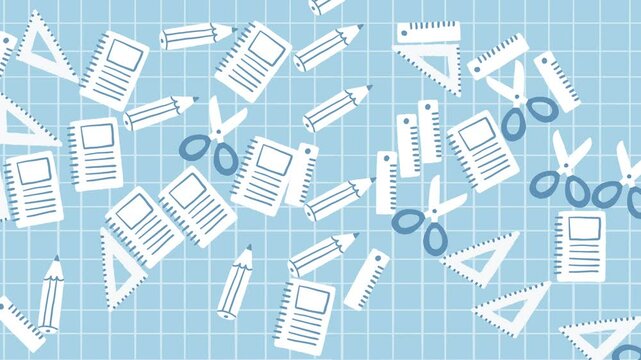 Back To School Theme with School Supplies Popping Up on Math Paper Illustrated Doodle Style Cartoon Animation Background in Monochrome Blue - 4K Horizontal Video