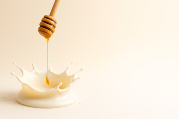 "Milk Splash Torus with Dripping Honey Dipper — Minimalist Breakfast Hero Visual on Pastel Background (8K, High-Speed Studio Shot)"