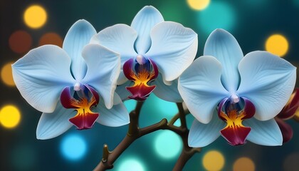Beautiful blue orchids with a colorful bokeh background, creating a serene scene.