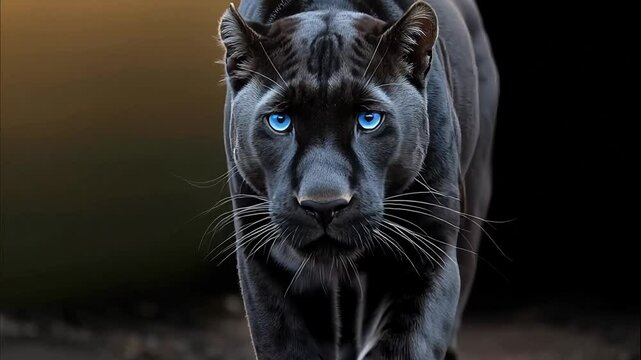 Black panther with piercing blue eyes walking in the dark shadow