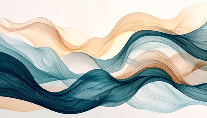 Abstract Teal and Gold Waves Flowing Design Background.