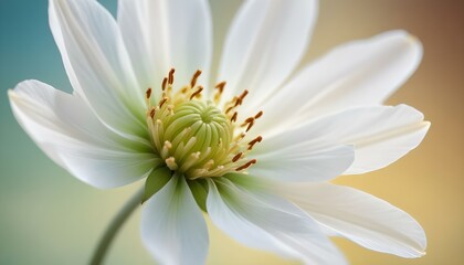 This macro shot of a white flower reveals its intricate details and soft petals against a blurred background.