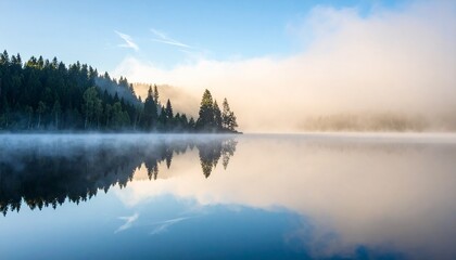 Obraz premium Serene Sunrise Mist Over Calm Lake with Forest Reflection.