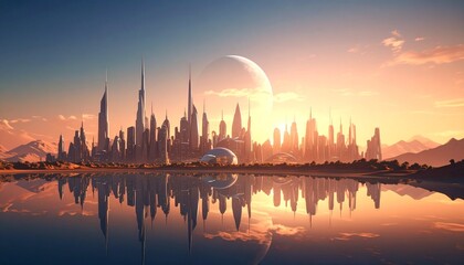 Fototapeta premium Futuristic Cityscape at Sunset Reflective Skyline Modern Architecture.