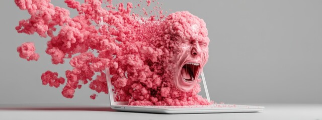 A man's face is blown up on a laptop screen, with his mouth open and teeth bared