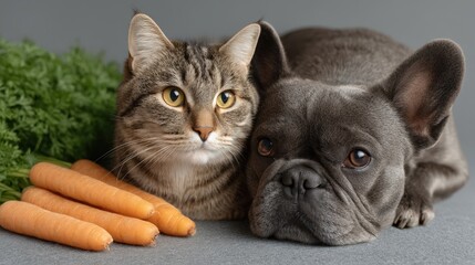 A cat and a dog are laying on a table with a bunch of carrots