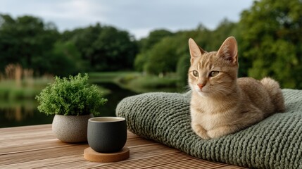 A cat is laying on a blanket next to a cup and a potted plant