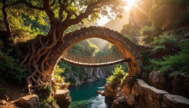 Fototapeta Ancient Stone Arch Bridge with Lush Greenery and Sunlight.