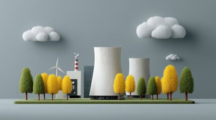 A cityscape with a nuclear power plant and wind turbines
