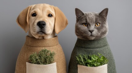 Two dogs and a cat are wearing sweaters and holding plants in their pockets