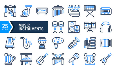 A Collection of 25 Blue Line Music Instrument Icons.