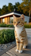 A cat is sitting on a wooden deck next to a house