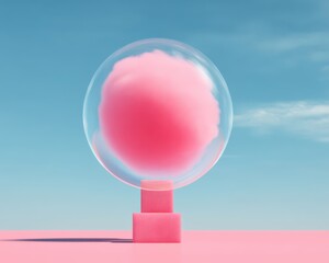 A pink sphere is inside a clear glass bubble
