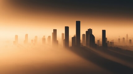 A city skyline is silhouetted against a hazy, foggy sky