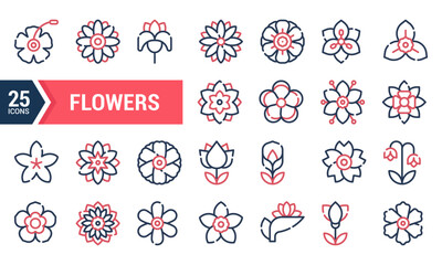 A Collection of 25 Line Flower Icons in Red and Blue.