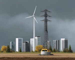 A city with a wind turbine and a power line