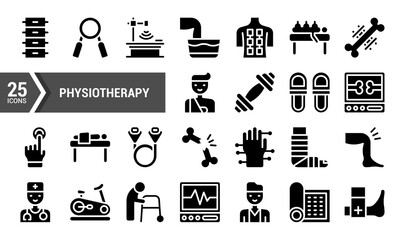 25 Black Glyph Icons for Physical Therapy and Rehabilitation.