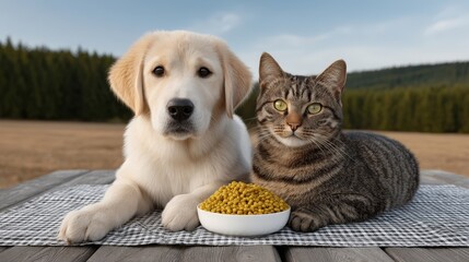 A dog and a cat are laying on a blanket next to a bowl of food