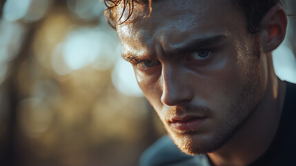 Close-up of a man with a contemplative expression outdoors