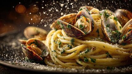 Delicious plate of spaghetti with clams, garnished with parsley and sprinkled with cheese