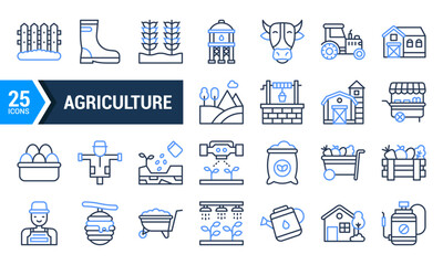 A set of 25 blue line icons representing agricultural equipment and tools.