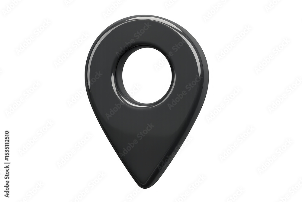 Poster black glossy location pin marking precise gps coordinate, rendered in 3d with transparent backdrop, 
