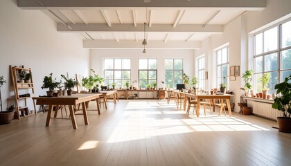 Bright and Airy Studio Workspace with Plants and Natural Light.