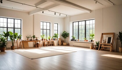 Bright and Airy Studio Space with Natural Light and Plants.