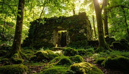 Ancient Stone Ruins Overgrown with Lush Green Moss in a Sunlit Forest.