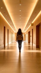 Woman Walking Down Bright Hotel Corridor Towards Light.