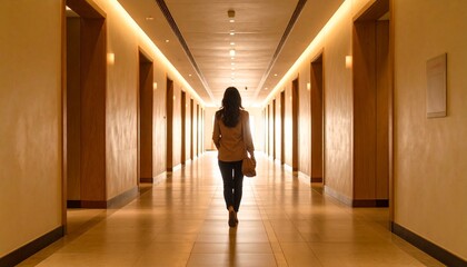 Woman Walking Down Hotel Corridor Towards Light.