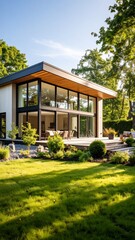 Modern Minimalist House Design Sunny Green Lawn Exterior.
