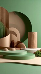 Abstract Green and Beige Paper Shapes Minimalist Composition.
