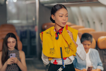The flight attendant on the plane demonstrates the safety rules on the plane in a professional manner, creating friendship and confidence.