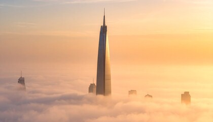 Majestic Skyscraper Piercing Morning Mist Golden Sunrise.