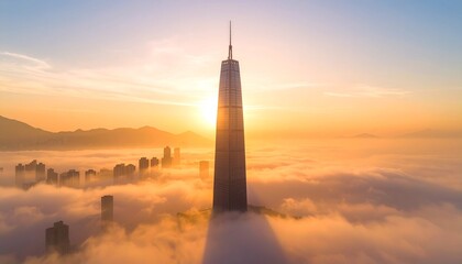 Majestic Skyscraper Piercing Sunrise Cloudscape.