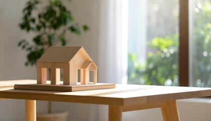 Sunlit Wooden House Model on Tabletop Representing Home Sweet Home.